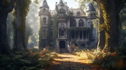 gorgeous abandoned medieval mansion in a fairytale for.Generative AI - obrazy, fototapety, plakaty