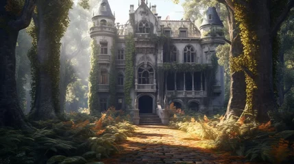 Fotobehang gorgeous abandoned medieval mansion in a fairytale for.Generative AI © shuvodesign