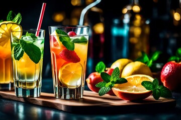 Refreshment multicolor fruit cocktail with ice, lemon and mint in a bar