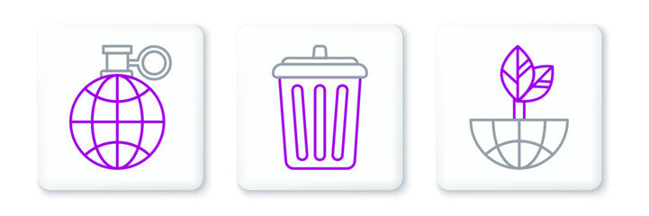 Set line Earth globe and leaf, Planet earth recycling and Trash can icon. Vector