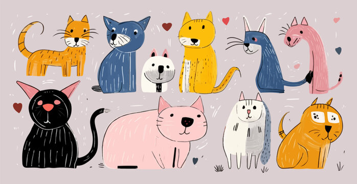 Many different funny cats in a childrens drawing. Group of cute pets in a simple painting made by a child 