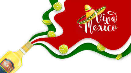 Viva Mexico paper cut banner with Mexican sombrero, tequila and limes on Mexico flag, vector background. Mexican holiday or national day celebration and fiesta party poster in papercut layers