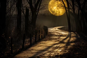 Fotobehang Mistige ochtendstond full moon spooky road at night