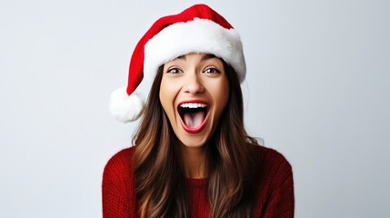 surprised christmas woman, a brown haired girl wearing a Santa hat and making a funny face, white background, AI 
