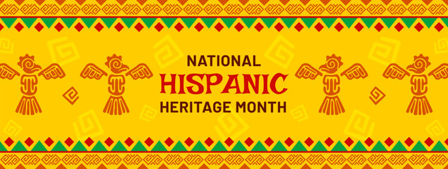 Mayan Aztec totems on national Hispanic heritage month banner, vector background. Latin America holiday and traditional Hispanic heritage month celebration banner with Mexican ornaments and symbols