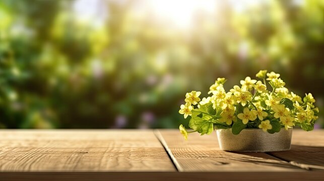 Yellow primula flowers in a pot on a wooden table in the garden