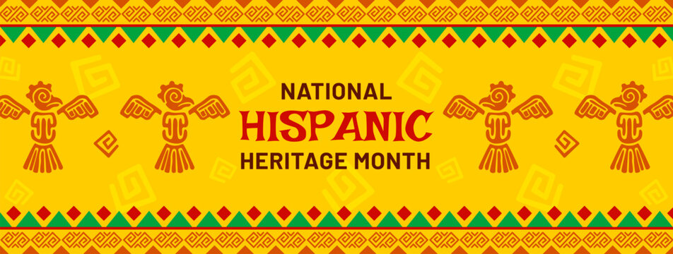 Mayan Aztec totems on national Hispanic heritage month banner, vector background. Latin America holiday and traditional Hispanic heritage month celebration banner with Mexican ornaments and symbols