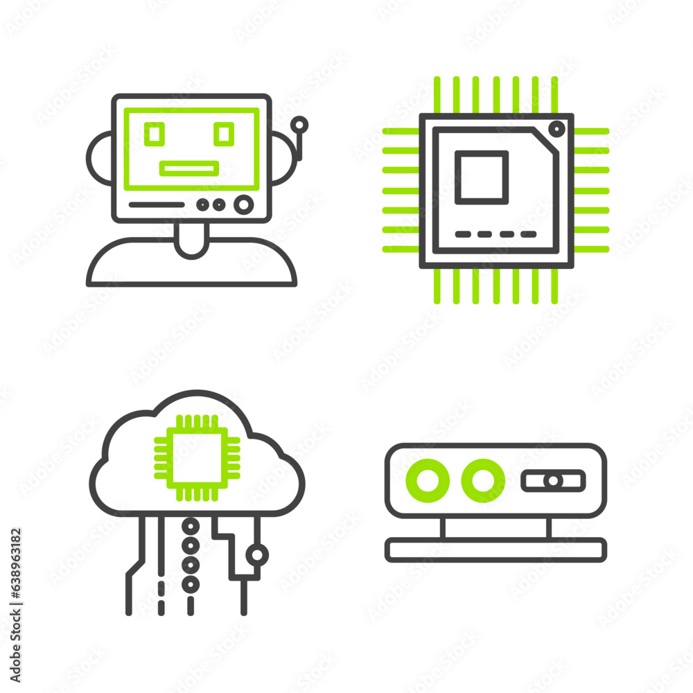 Poster set line 3d scanning system, internet of things, processor with microcircuits cpu and robot icon. ve