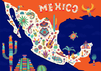 Cartoon Mexican travel map with Mexico landmarks and tourism attractions, vector background. Sombrero and guitar, burrito and tequila, Aztec or Mayan pyramids with tropical birds, animals and flowers
