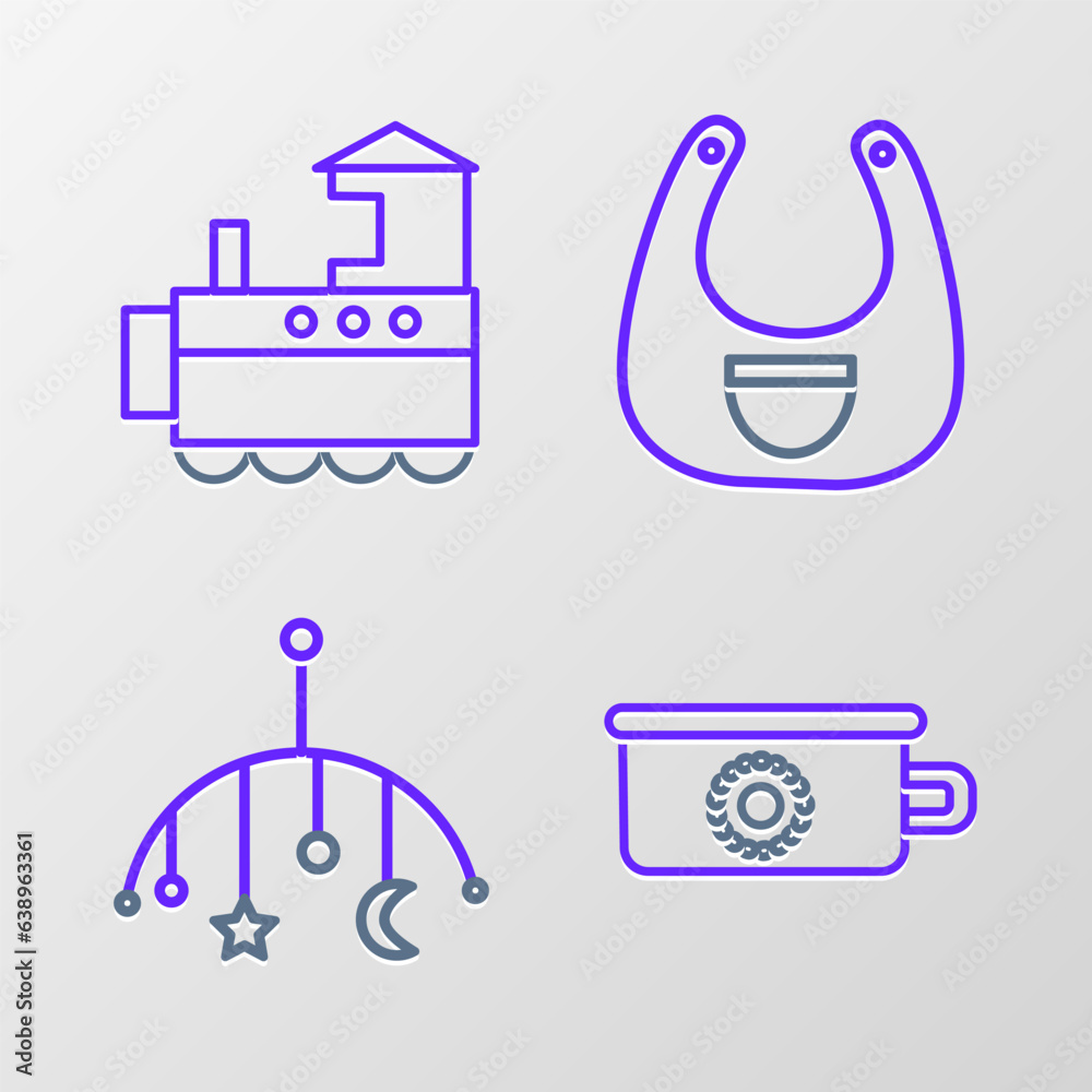 Canvas Prints set line baby potty, crib hanging toys, bib and toy train icon. vector