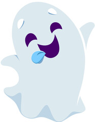 Cartoon cute kawaii halloween ghost monster character with cheerful expression, and playful grin floating in the air. Vector spook personage with sticking tongue captures festive spirit of the season