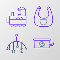 Set line Baby potty, crib hanging toys, bib and Toy train icon. Vector