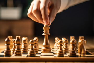 Man hand take chess pieces on chessboard. Strategy and tactics for winning