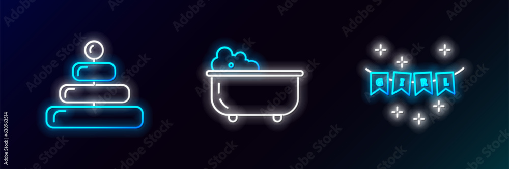 Wall mural set line carnival garland with flags, pyramid toy and baby bathtub icon. glowing neon. vector