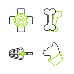 Set line Cat, Dog muzzle, bone and Veterinary clinic symbol icon. Vector