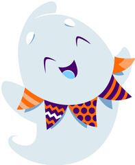 Cartoon cute kawaii halloween ghost monster character adorned with festive garland. Adorable spirit personage adding a charming and spooky touch to holiday, creating a whimsical seasonal atmosphere