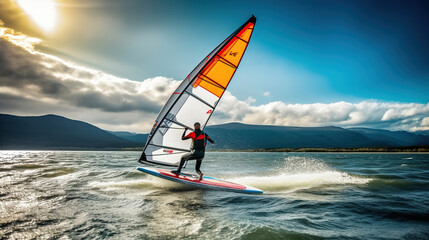 Windswept Serenity. Windsurfing Amidst Nature's Beauty with Billowing Sail