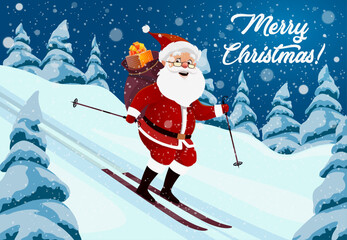 Santa Claus skiing at winter Christmas forest. Vector father Noel with gift bag sliding down the hill, his white beard fluttering in the breeze surrounded by snow-covered trees and falling snowflakes