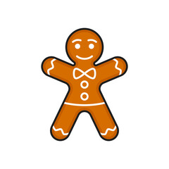 Holiday gingerbread man cookie isolated cartoon bakery food line icon. Vector cookies with sugar icing. New year and Christmas treat snack