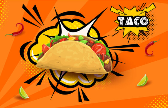 Tex Mex Mexican taco on retro halftone bubbles background, Mexico food vector background. Mexican cuisine fast food or restaurant menu poster with taco on halftone cloud boom, chili pepper and lemon