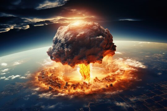 Nuclear war. Satellite view of the explosion of a huge nuclear bomb on the surface of the Earth.
