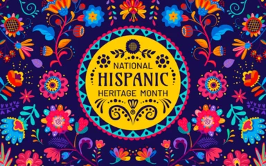 Abwaschbare Fototapete Graffiti-Collage National Hispanic heritage month festival banner with tropical flowers pattern, vector ethnic floral ornament. Hispanic Americans culture, tradition and art heritage background for Latin folk festival