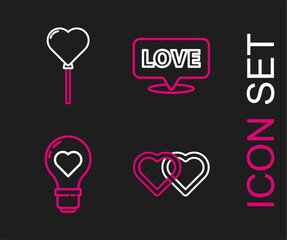Set line Two Linked Hearts, shape light bulb, Speech bubble with text love and Balloons form of heart icon. Vector