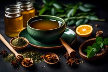 Obraz na płótnie Canvas A cup of honey and sour green tea with lemon