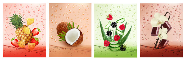 Set of labels with fruit and vegetables drink. Fresh fruits water splashing together- pineapple, strawberry, aloe vera, raspberry, coconut, chocolate, vanilla in water drink splashing. Vector - 638964324