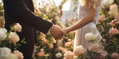 couple holding hands in garden
