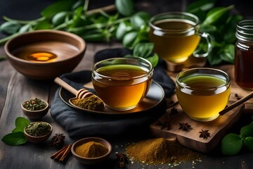 A cup of  honey and sour green tea with lemon