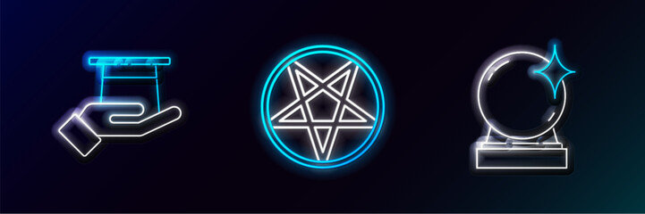 Set line Magic ball, Magician hat in hand and Pentagram circle icon. Glowing neon. Vector