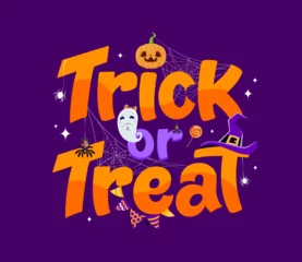 Zelfklevend Fotobehang Trick or treat scary halloween banner. Vector spooky lettering adorned with eerie symbols as ghost, hat, spider and pumpkin, perfect for welcoming little ghouls and witches on a night of frightful fun © Vector Tradition