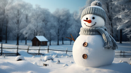 Happy snowmen standing in winter christmas landscape. Merry christmas and happy new year greeting card with copy-space.