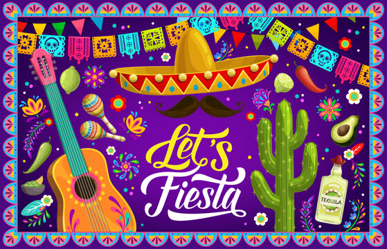 Mexican fiesta party banner or flyer with sombrero, guitar and papel picado flags, vector background. Mexico holiday festival tequila, avocado, cactus with maracas and mustaches in papel picado frame