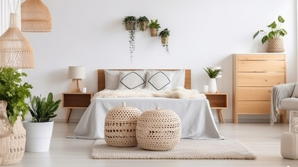 Patterned pouf in bright bedroom interior with lamps, plants and poster next to bed