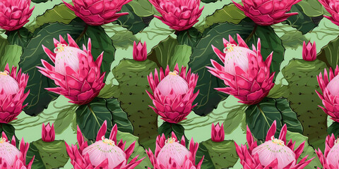 Exotic dragon fruit seamless motif on a textured canvas.