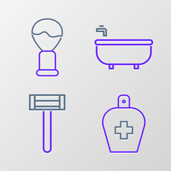 Set line Bottle of liquid antibacterial soap, Shaving razor, Bathtub and brush icon. Vector