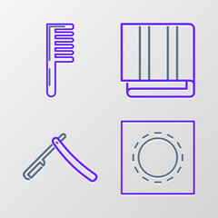 Set line Condom in package safe sex, Straight razor, Towel stack and Hairbrush icon. Vector