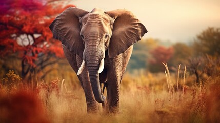 An elephant is walking in the wild forest on a blurred background