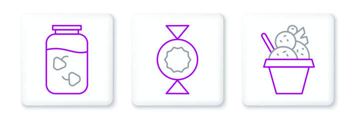 Set line Ice cream in bowl, Strawberry jam jar and Candy icon. Vector