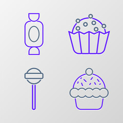 Set line Cupcake, Lollipop, and Candy icon. Vector