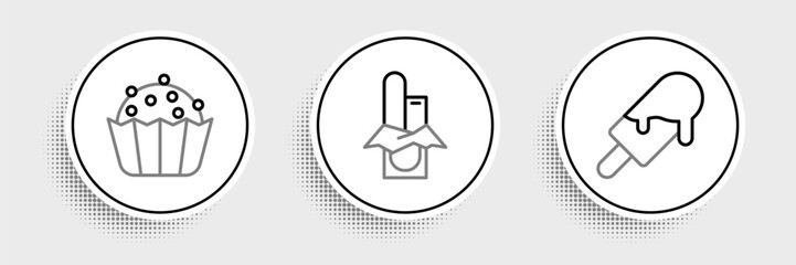 Set line Ice cream, Cupcake and Chocolate bar icon. Vector