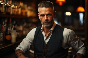 Fototapeta premium Portrait of a bartender. Stylish young adult man in a bar
