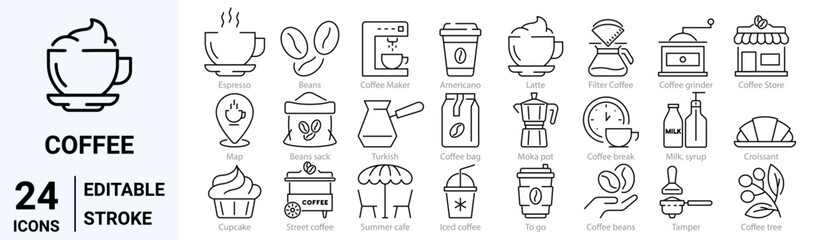 set of 24 line web icons coffee. Icoffee maker machine, beans, Espresso cup. Collection of Outline Icons. Vector illustration. - obrazy, fototapety, plakaty