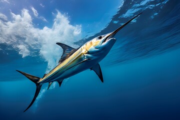 Beautiful marlin swimming in the blue ocean