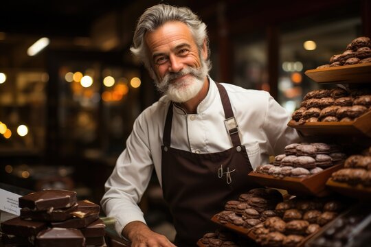 Portrait of a chocolatier, smiling bearded man