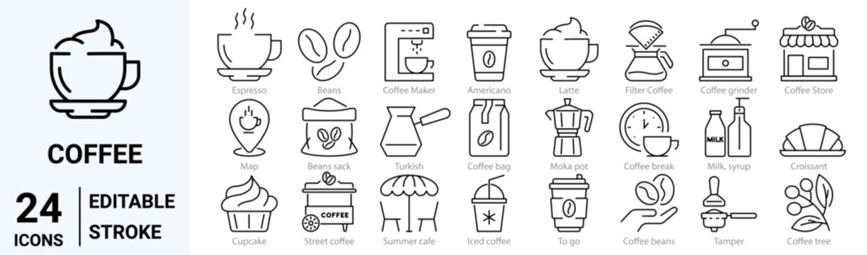 set of 24 line web icons coffee. Icoffee maker machine, beans, Espresso cup. Collection of Outline Icons. Vector illustration.