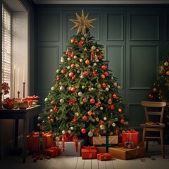 Fototapeta na wymiar Christmas tree in a cozy room. Generative AI