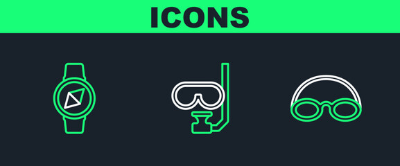 Set line Glasses and cap, Compass and Diving mask snorkel icon. Vector